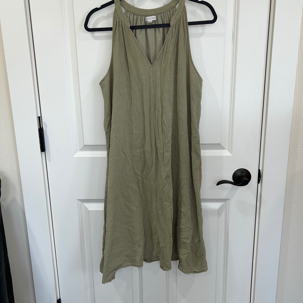 Garnet Hill Easy‎ Cotton Gauze V-Neck Sleeveless Shift Dress Sage Green Medium